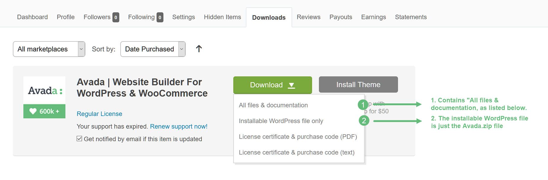 ThemeForest Download Option