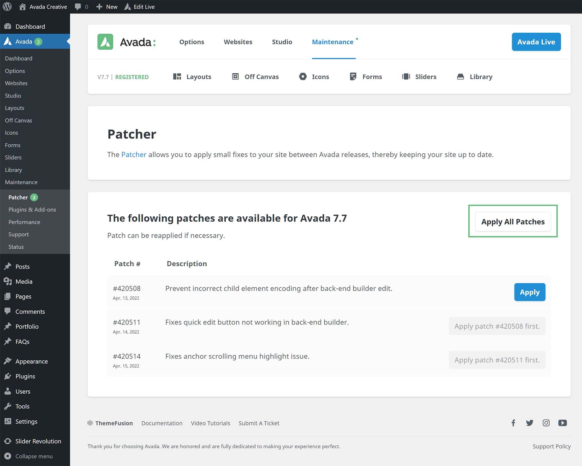 Avada Dashboard - Patcher