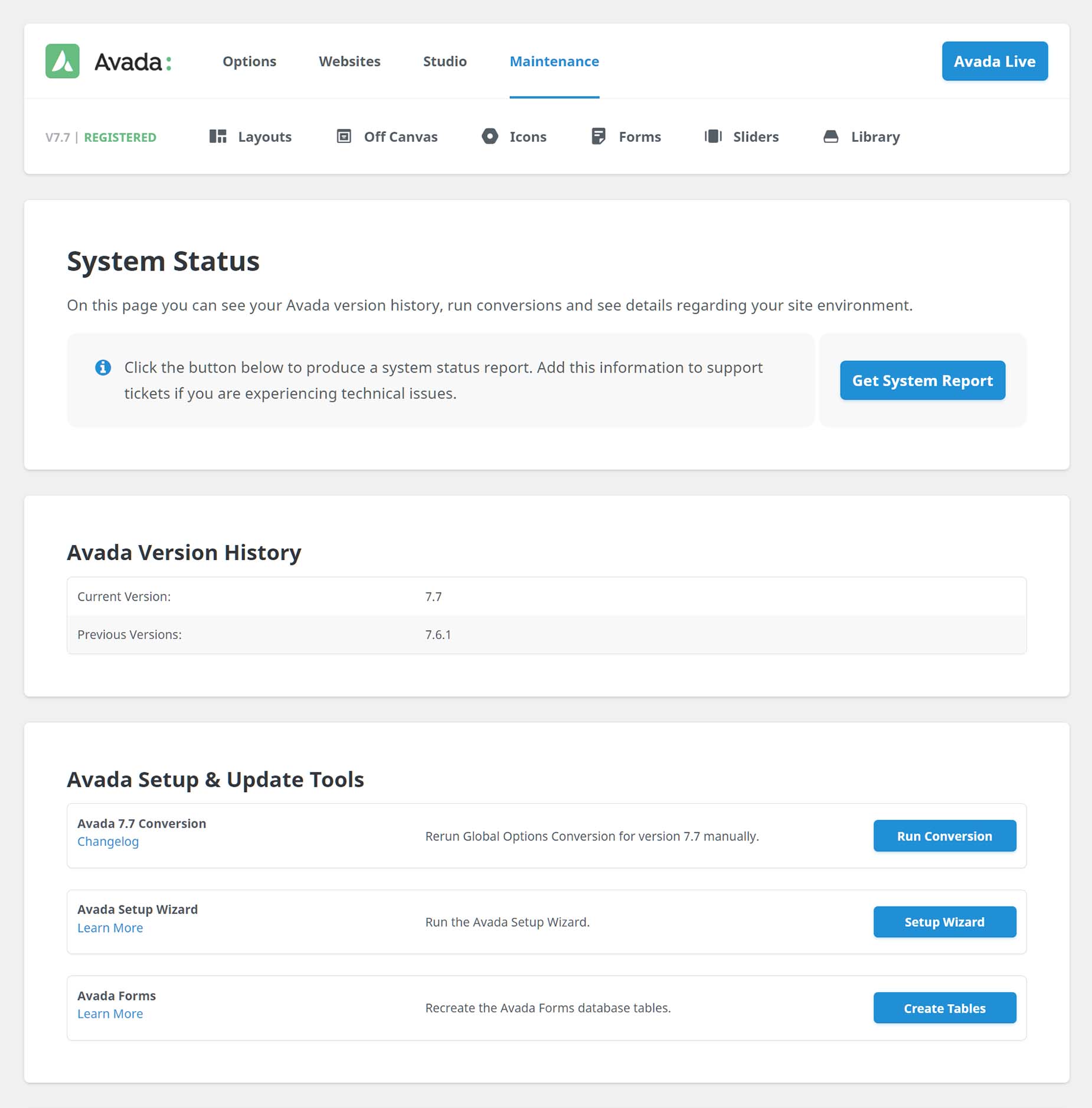 Avada Dashboard - System Status Page