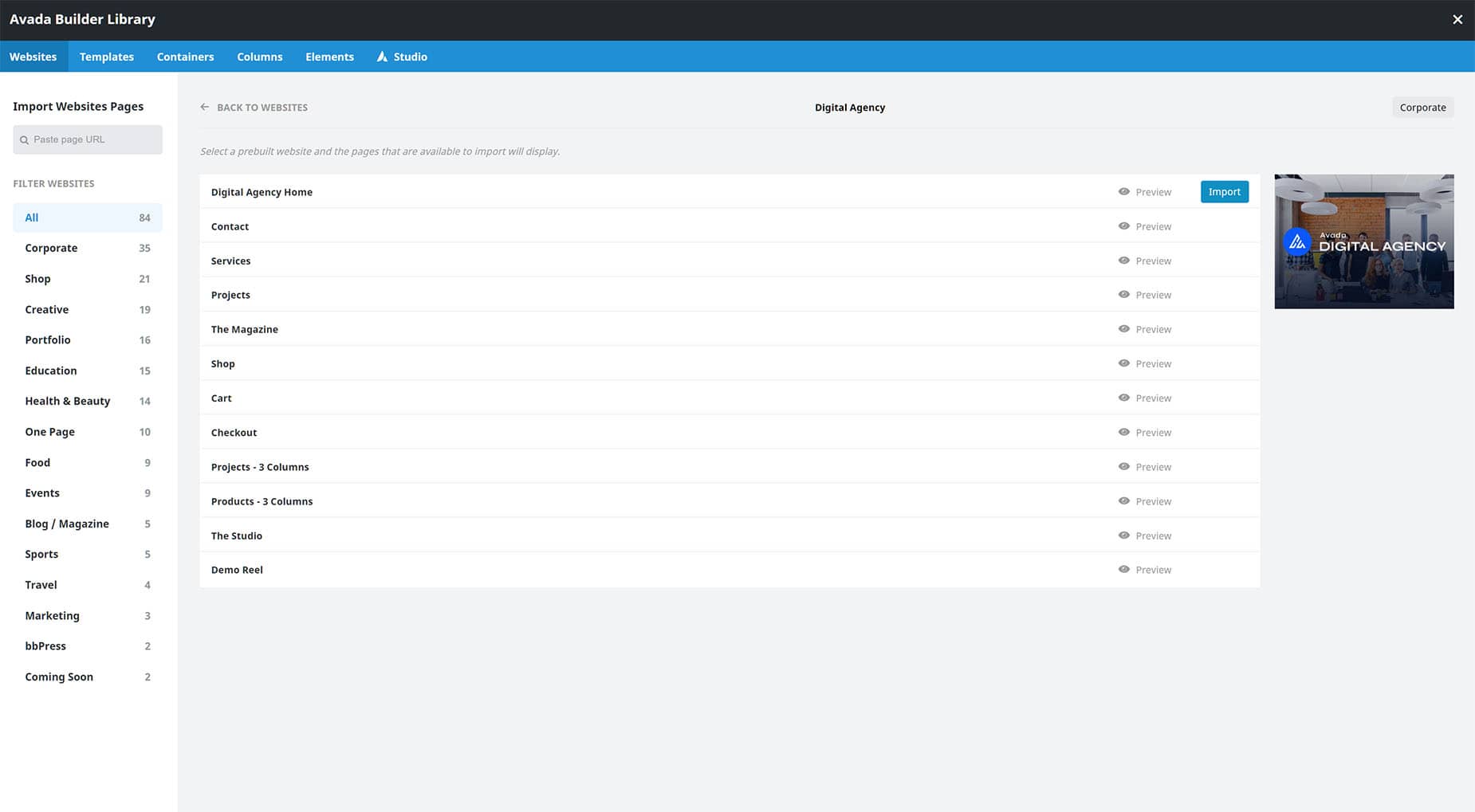 Avada Builder Library - Websites Import Page