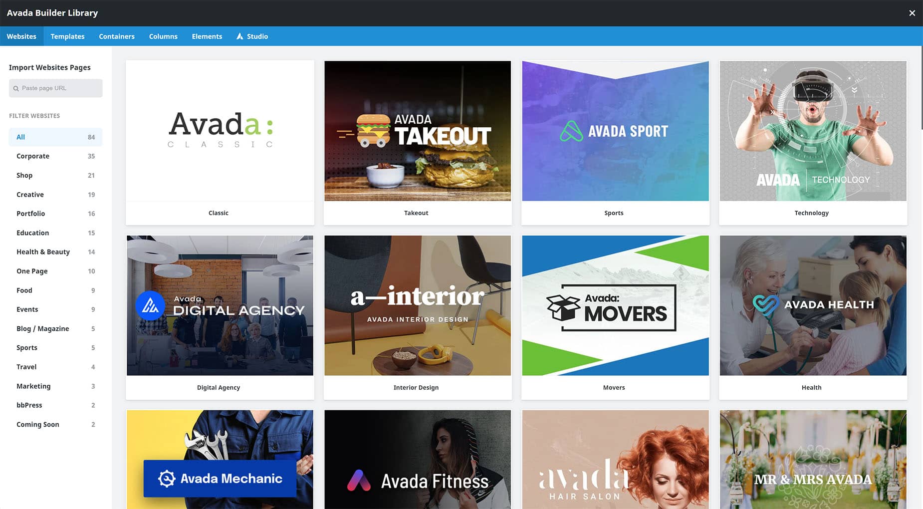 Avada Builder Library - Prebuilt Websites