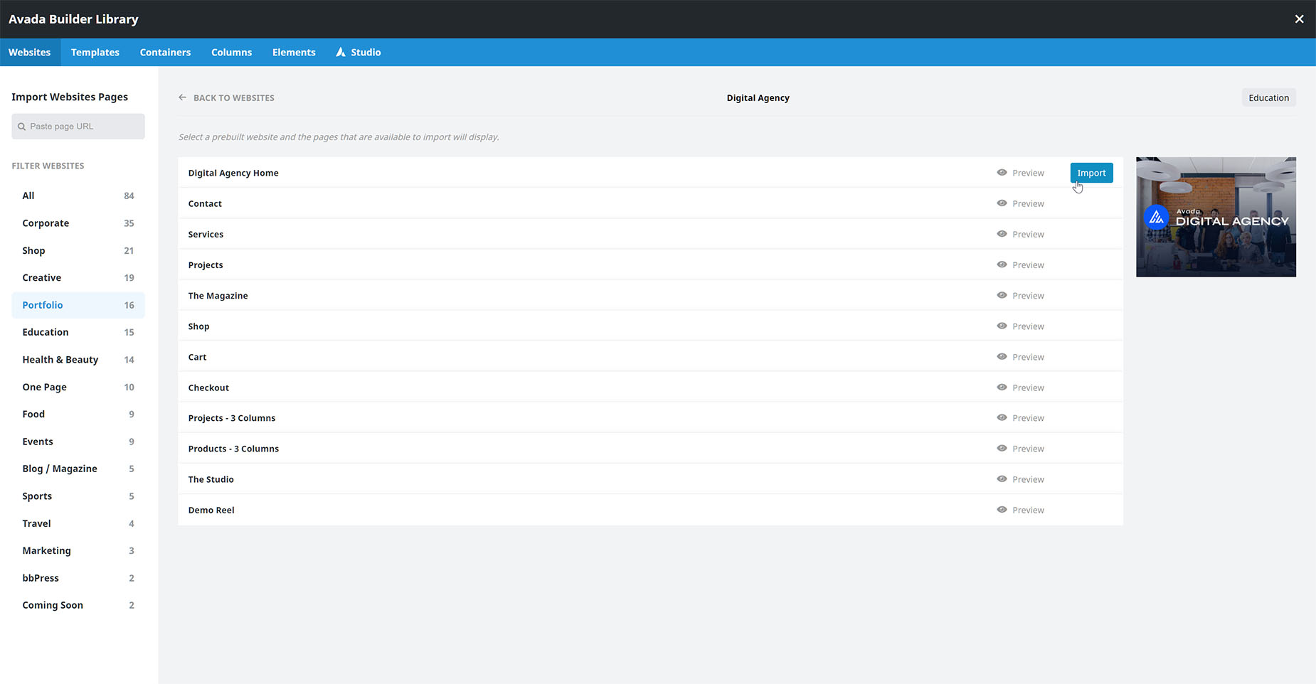 Avada Builder Library - Prebuilt Website Single Page Import