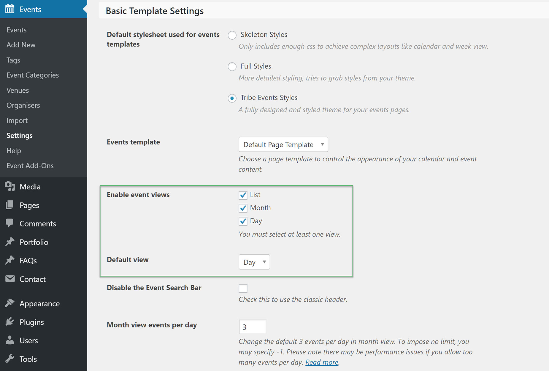 Event Calendar Display Settings