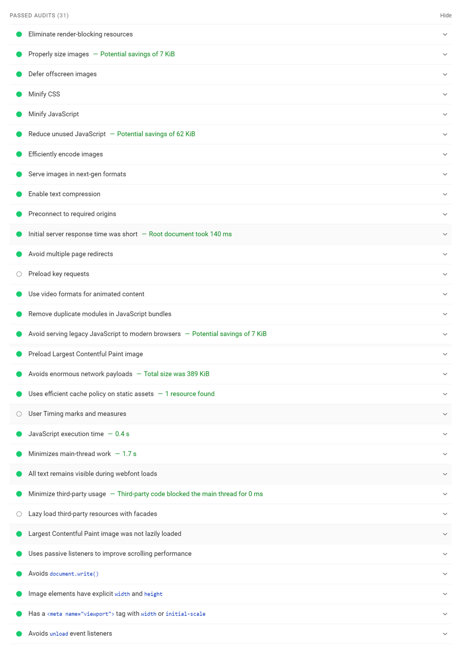 PageSpeed Insights - Passed Audits