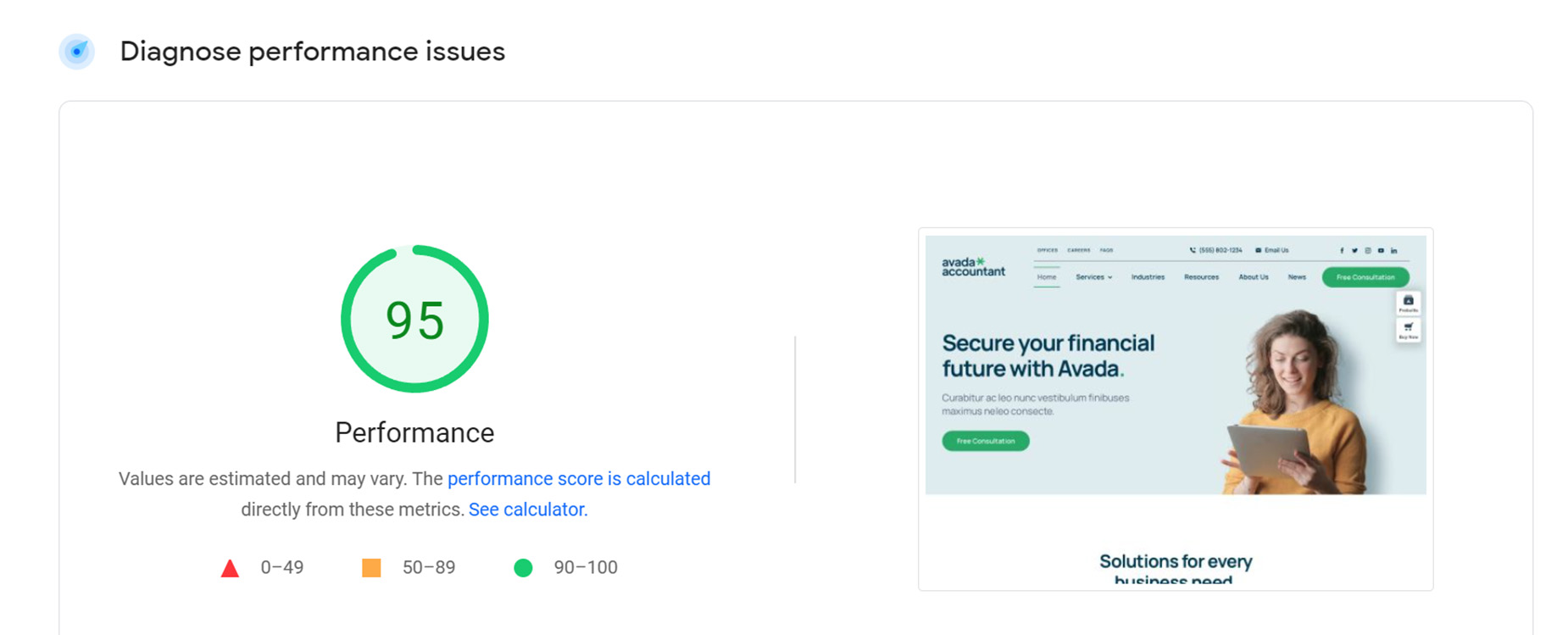 PageSpeed Insights - Core Web Vitals - Performance Summary