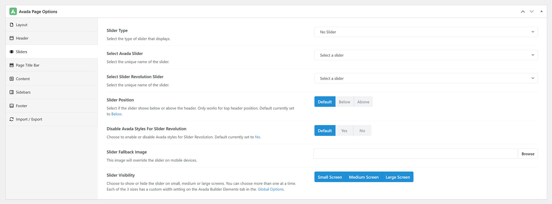 Avada Page Options - Sliders