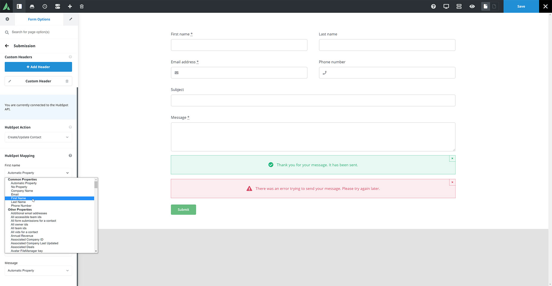 Avada Forms - Mapping Fields to HubSpot ContactsAPI Key