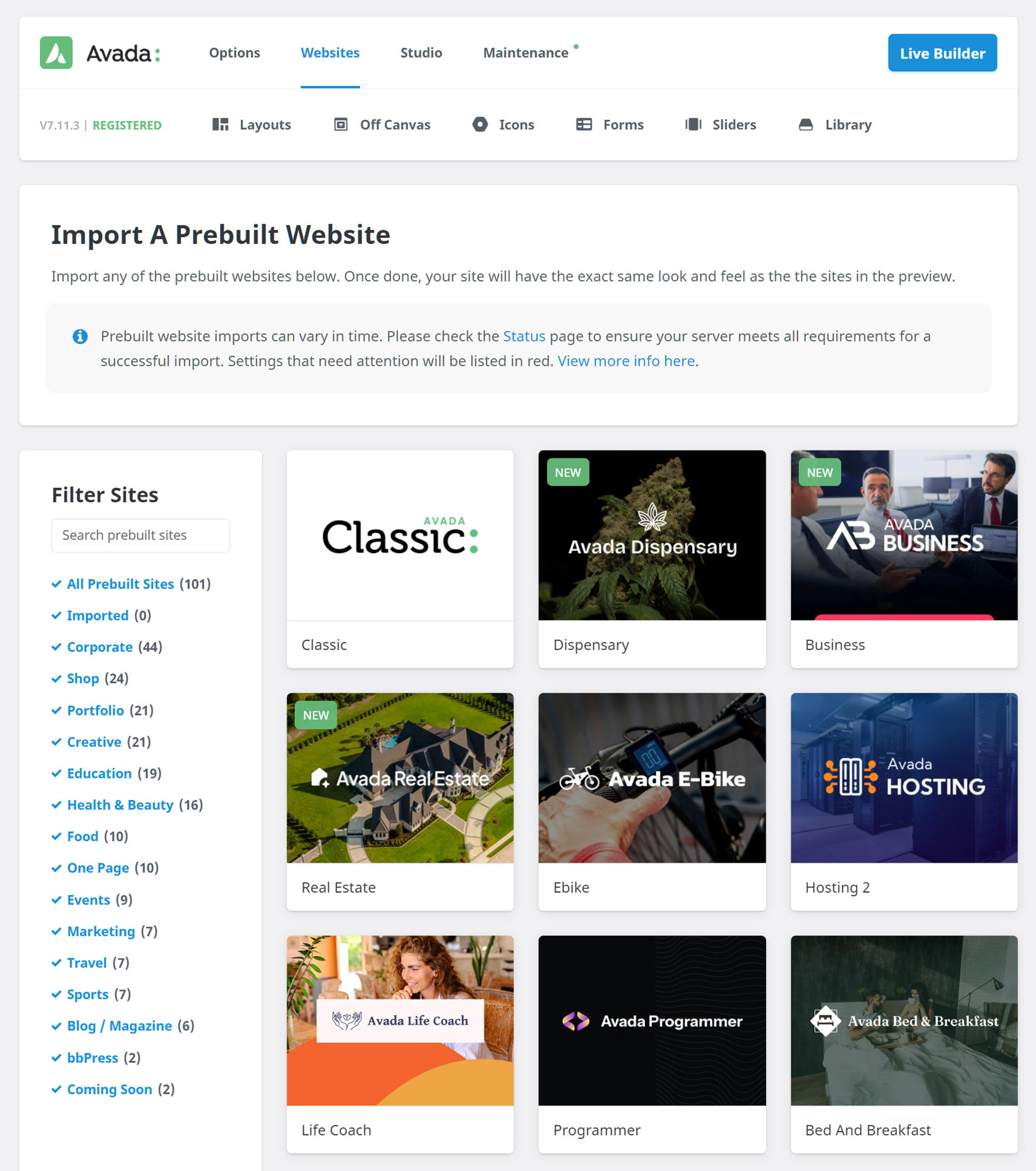 Avada Dashboard - Websites