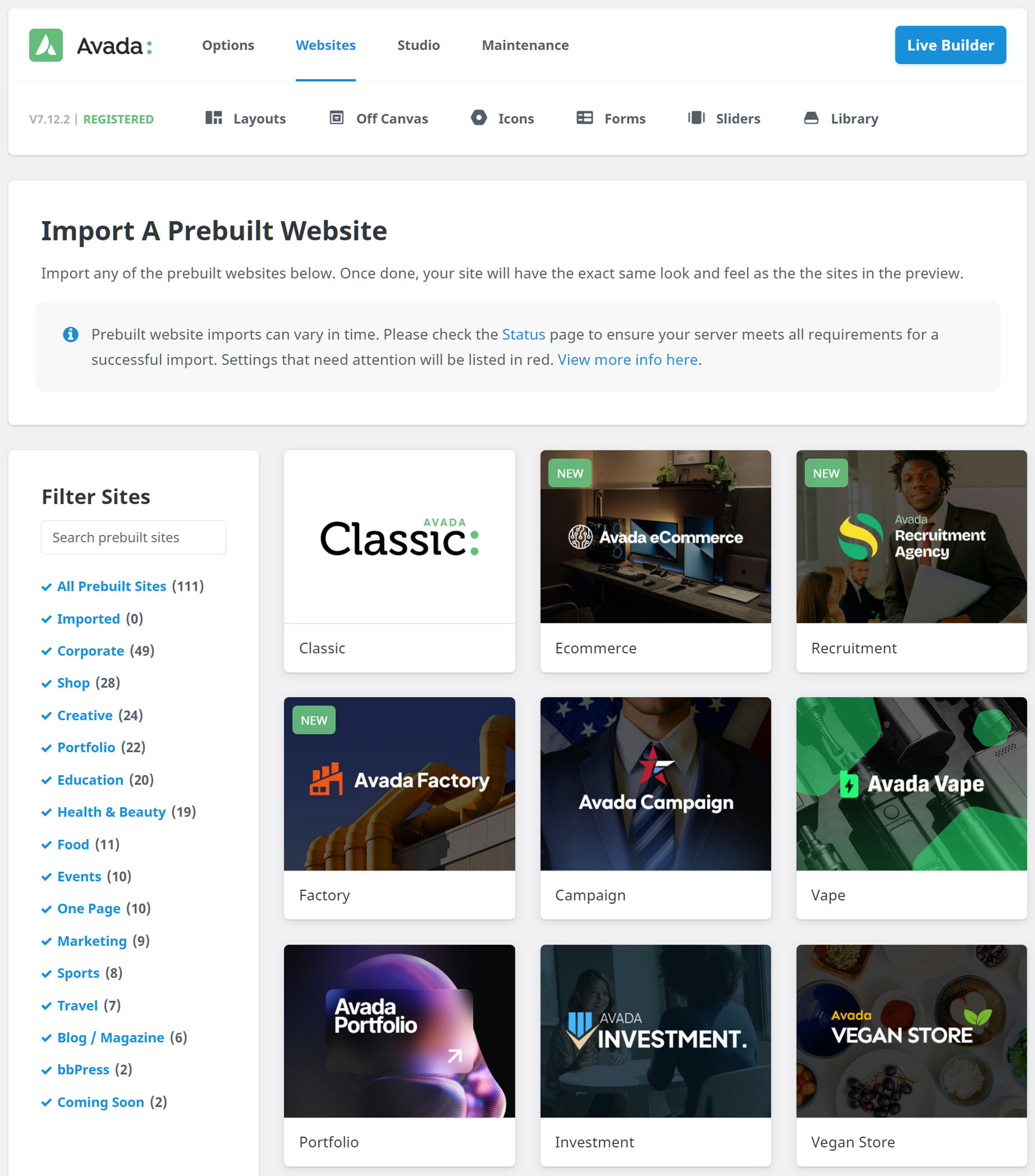 Avada Prebuilt Websites Import Screen