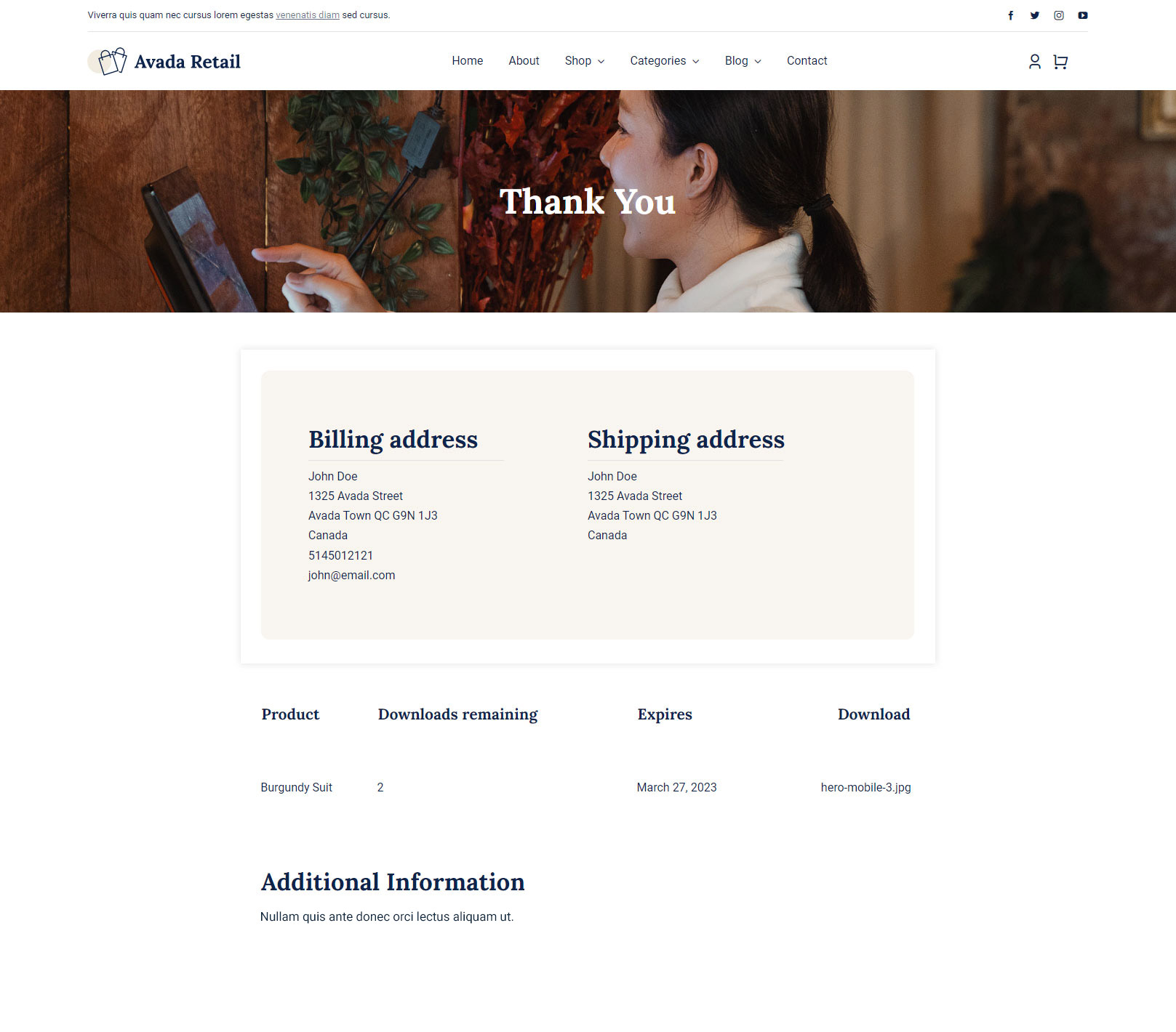 Avada Retail Customer Order Details Page