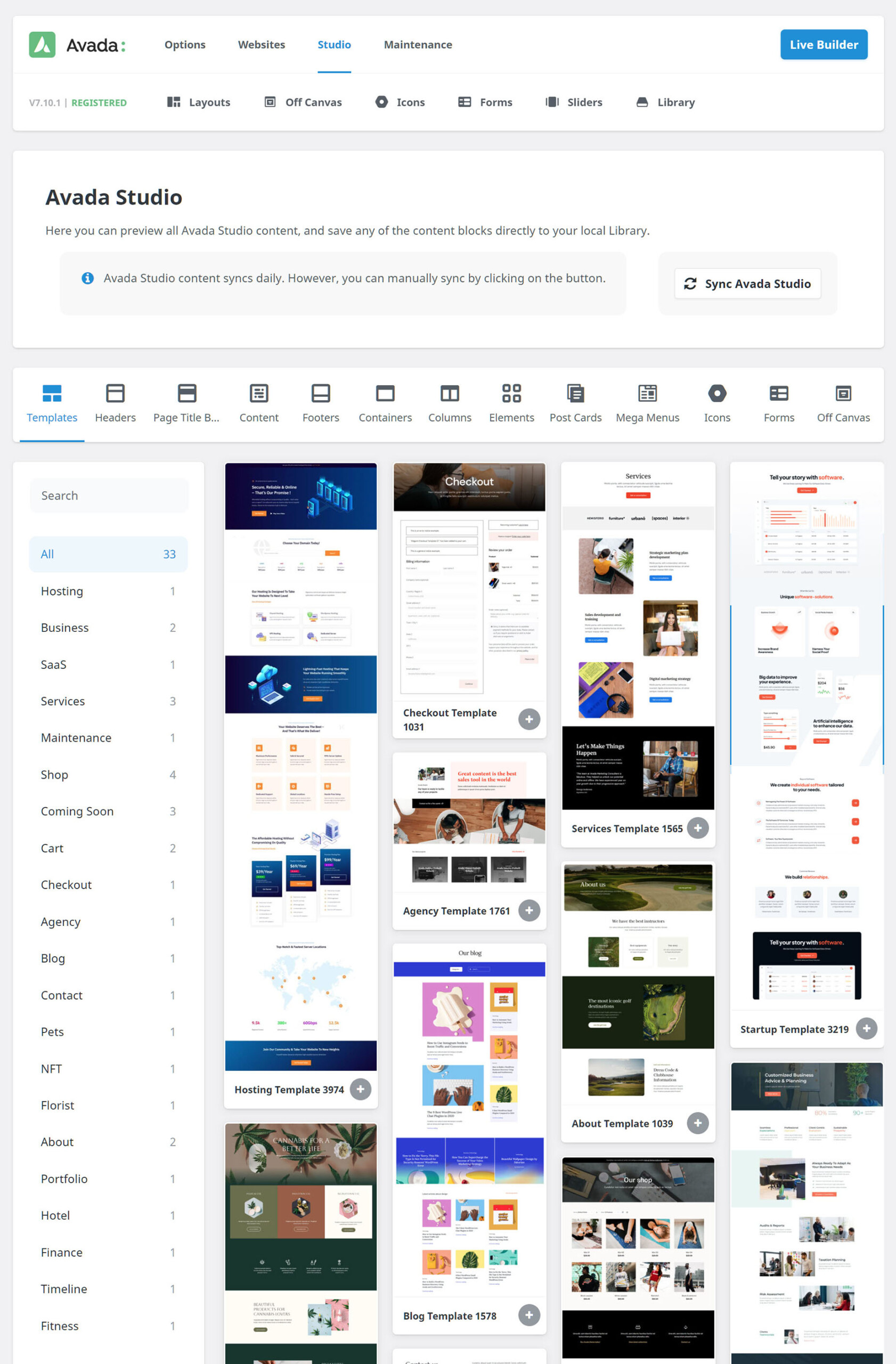 Avada Studio Site Page Import Screen