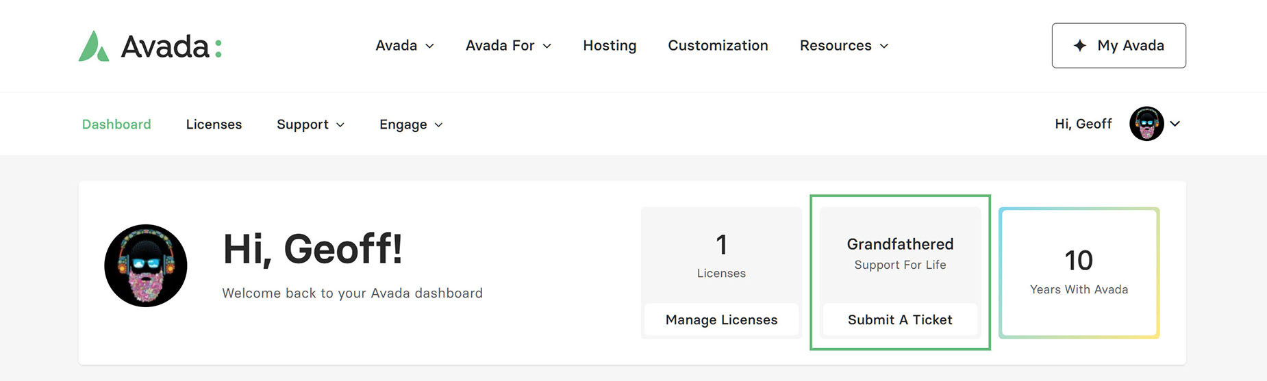my.avada.com > Dashboard > Grandfathered Support My Avada Dashboard Grandfathered Support Status
