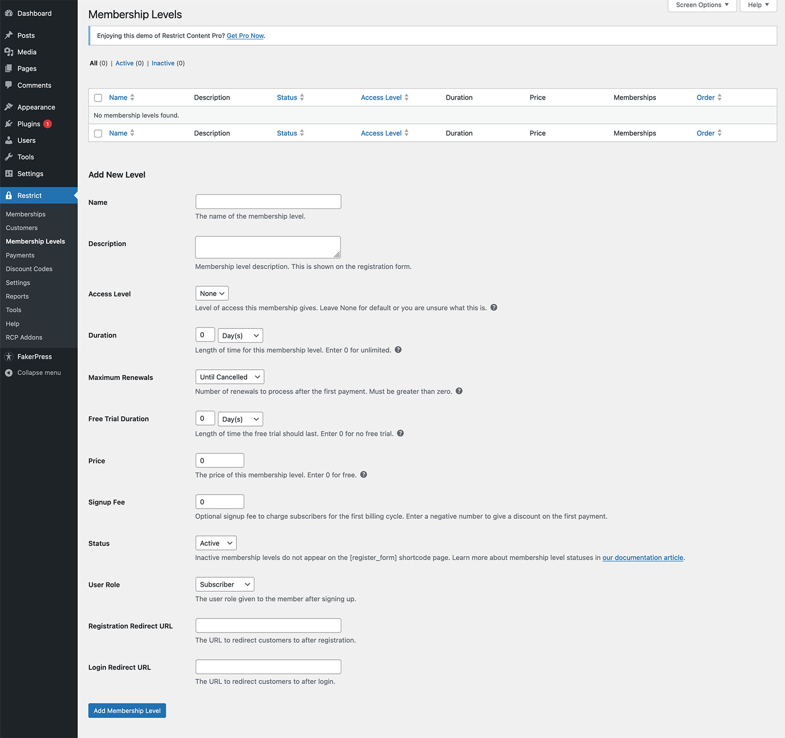 Restrict Content Pro Settings