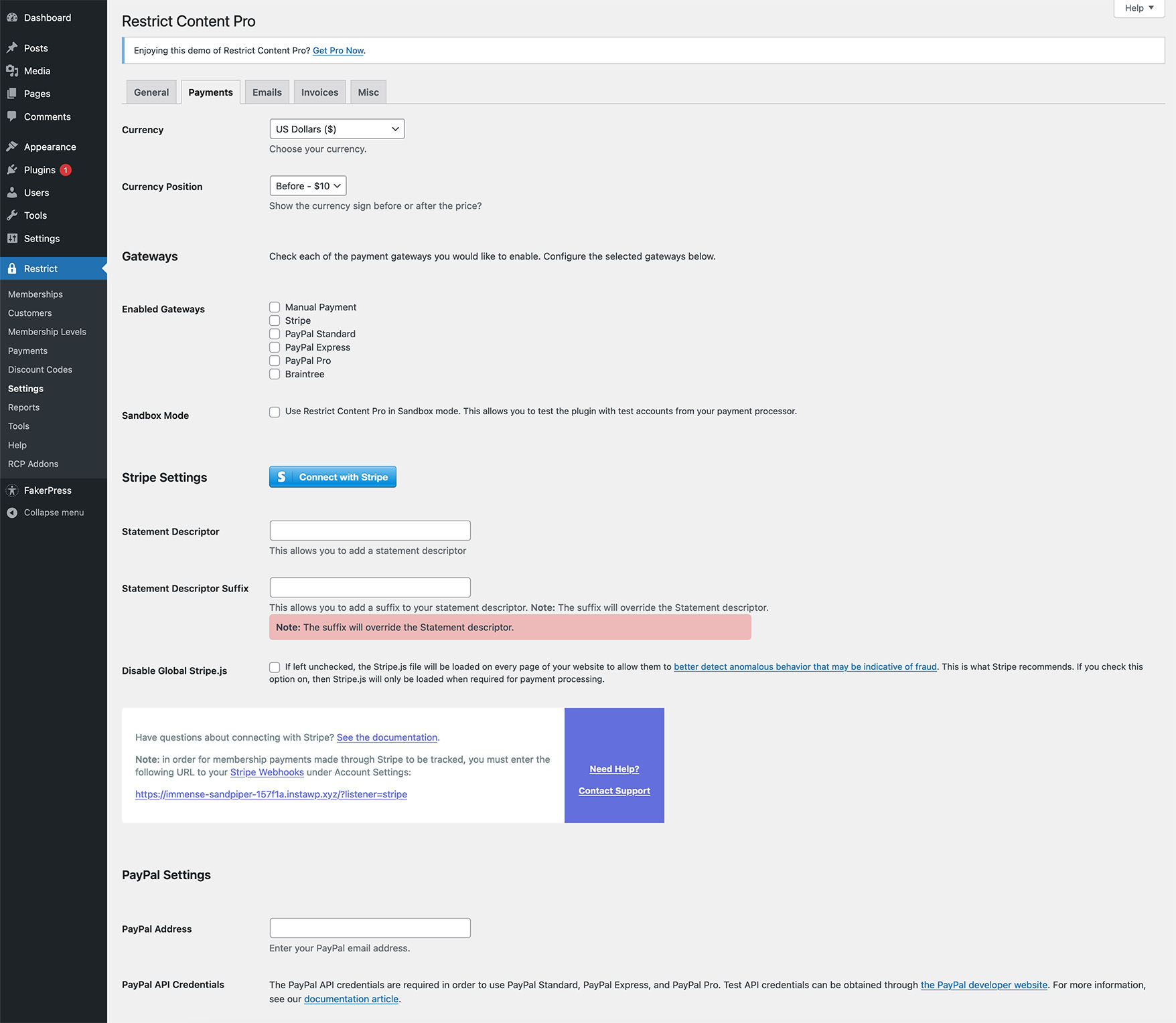Restrict Content Pro Settings