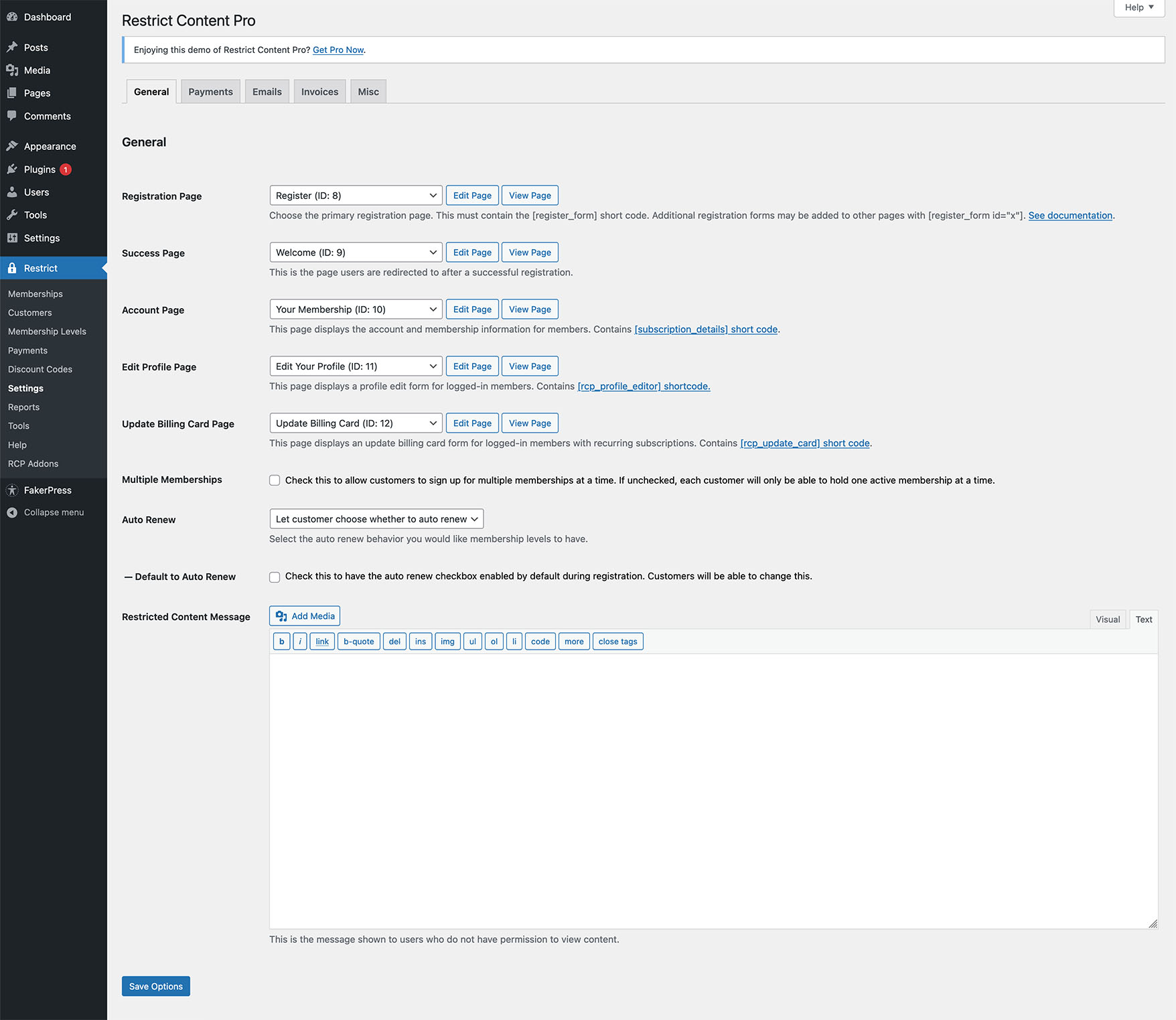 Restrict Content Pro Settings