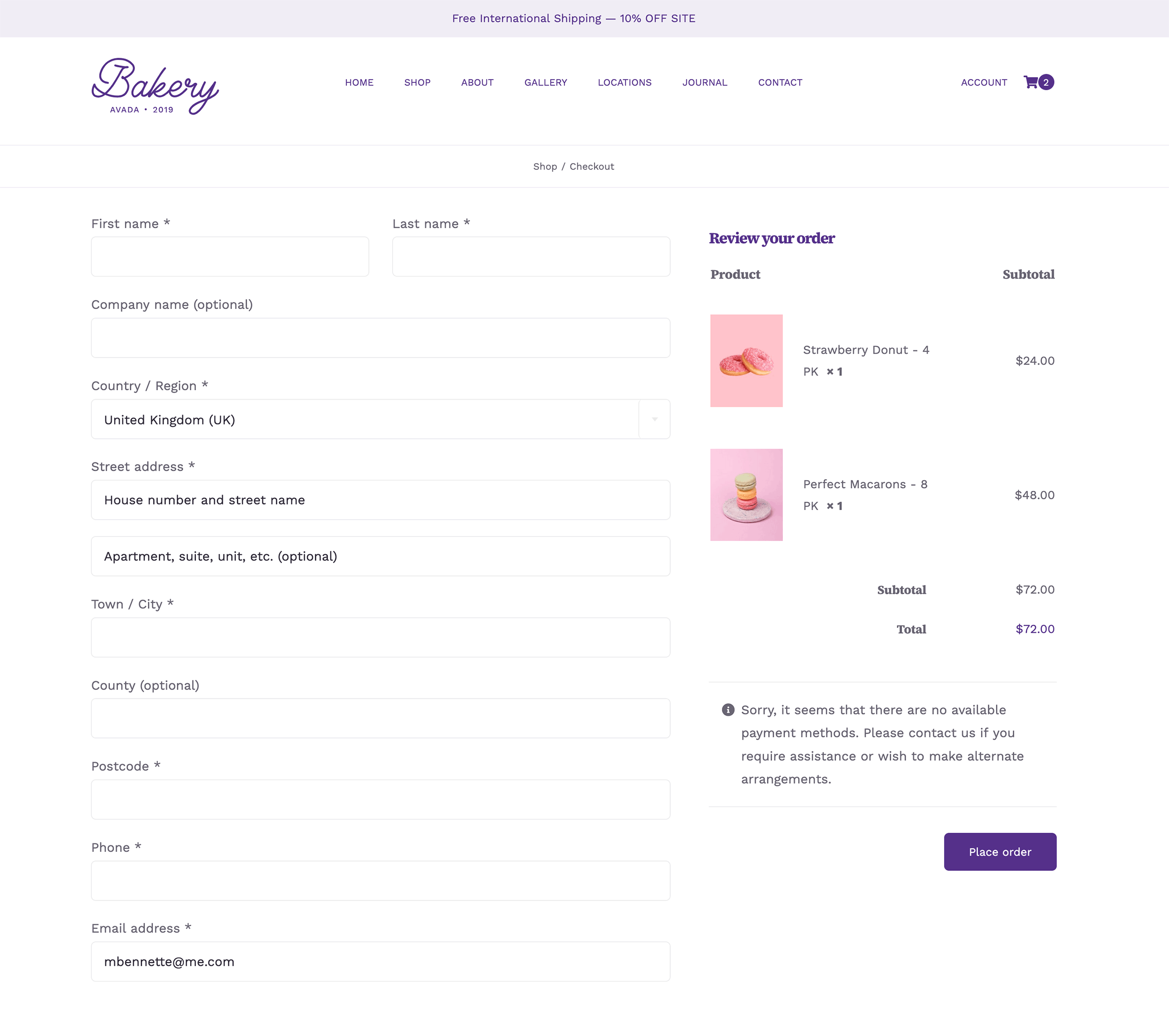Avada Bakery Checkout Billing Page