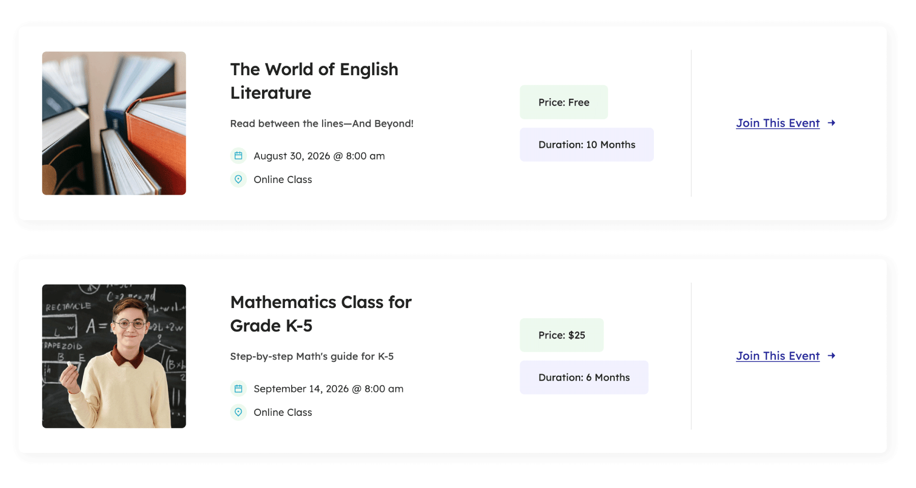 Avada Online School Events Page