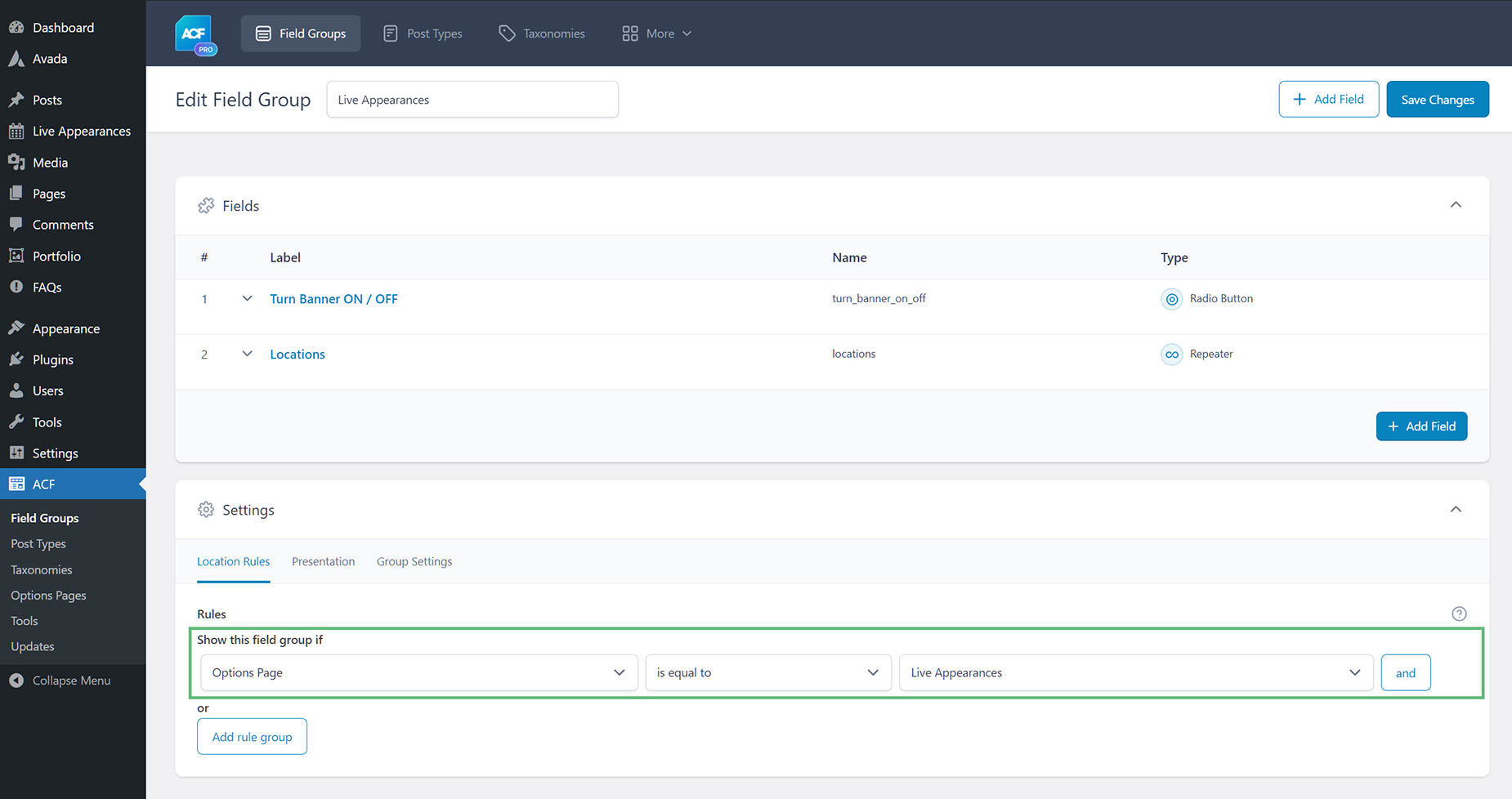ACF Options Page > Location Rules ACF Options Page - Location Rules