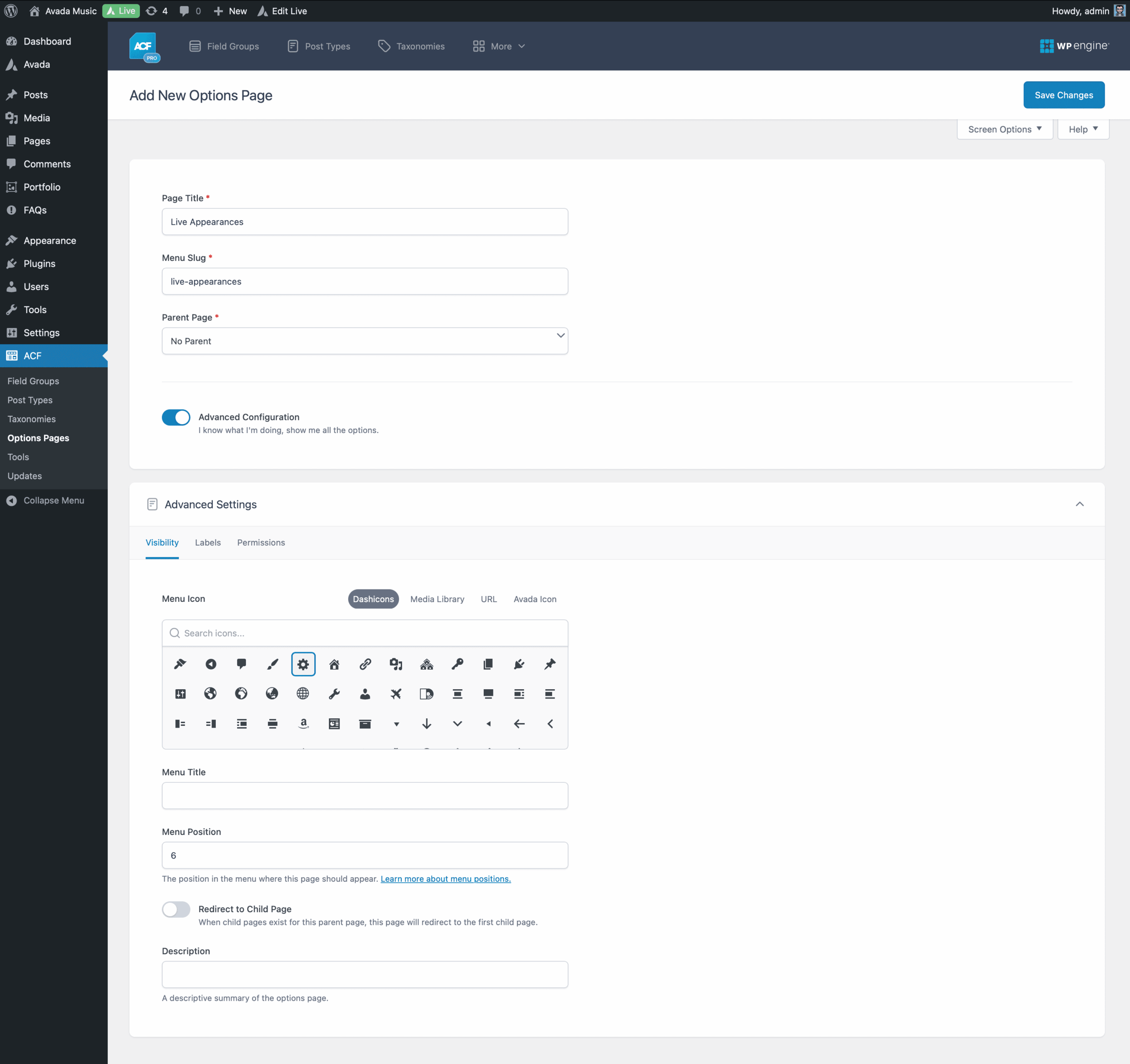 ACF Pro Options Page Add New Screen